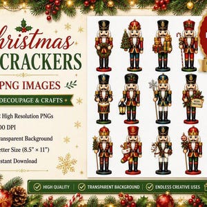 Peut inclure: Une collection numérique de 12 images PNG de casse-noisettes de Noël représentant divers personnages en uniformes rouge, vert et or. Le texte indique Christmas Nutcrackers, 12 PNG Images, For Decoupage & Crafts, 12 High Resolution PNGs, 300 DPI, Transparent Background, Letter Size (21,6 cm x 27,9 cm) et Instant Download.