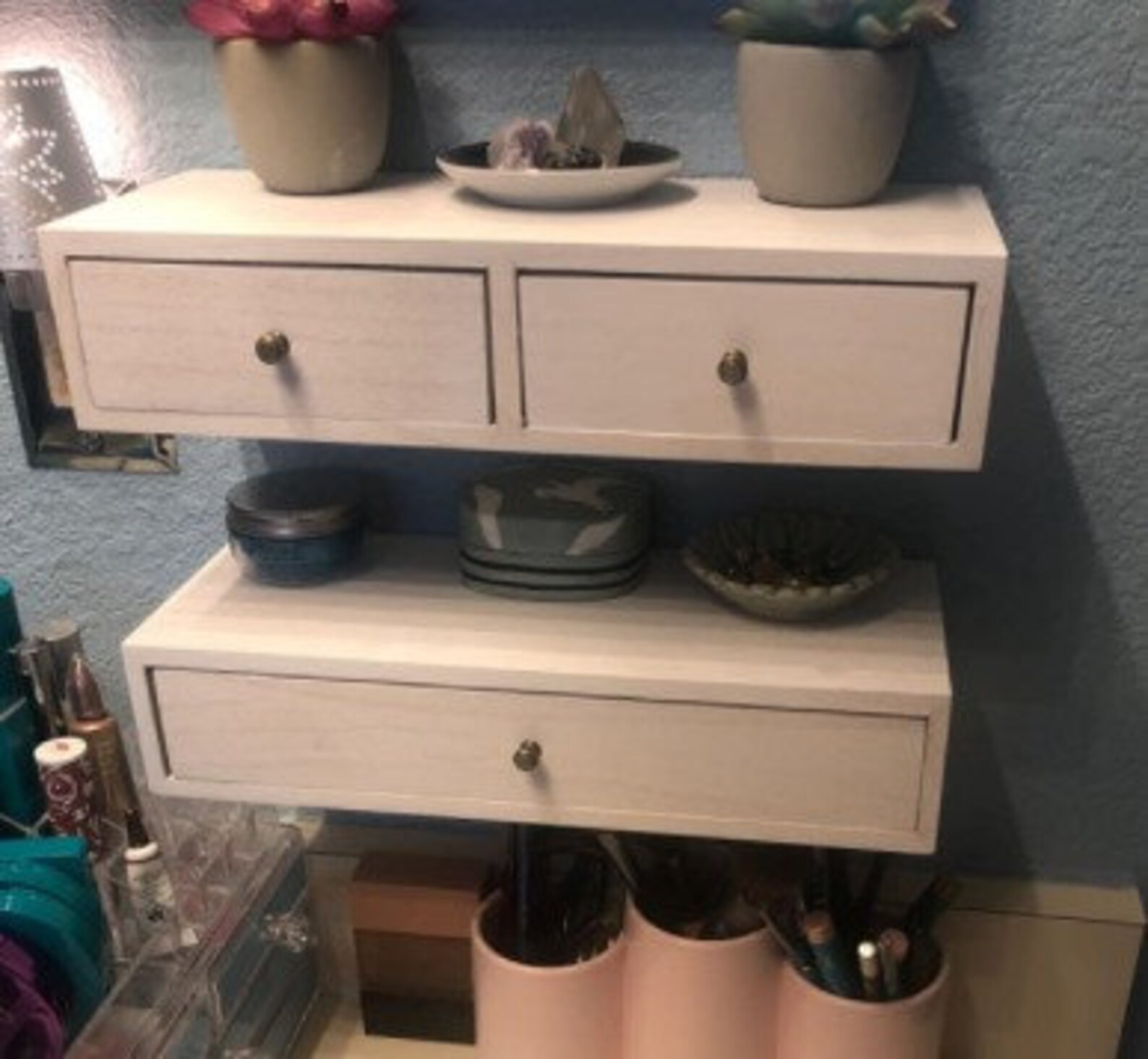 Set of 2 Floating Shelf with Drawer Small Rustic Wood Wall Etsy