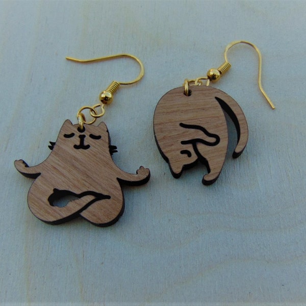 Cute Yoga cats earrings for women of maple plywood. Gift earrings for women. Yoga gift. Unusual beautiful stylish cat earrings for women.