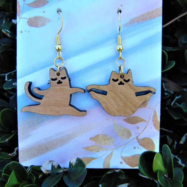 Cats earrings for women. Yoga cat earrings for women. Gift earrings for women. Recyclable wood earrings. Yoga gift. Animals earrings. Gift.