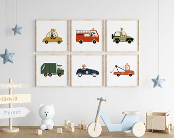 Stampe per la cameretta dei bambini con animali e veicoli, set di 6 stampe da parete, stampa per la cameretta dei bambini, stampa carina, arredamento per la cameretta dei bambini, DOWNLOAD DIGITALE