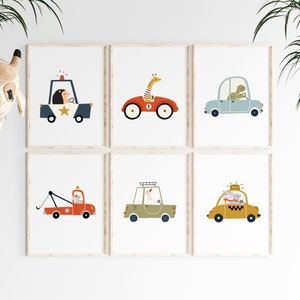 Cute Animals & Vehicles Nursery Prints, Wall Art Set of 6 Prints, Boy’s Room Print, Nursery decor, Kids Room Decor, DIGITAL DOWNLOAD