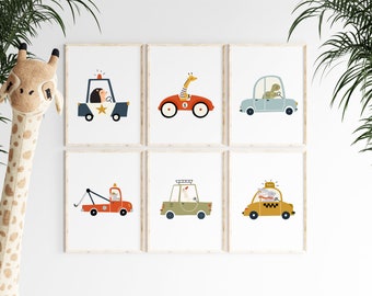 Simpatici animali e veicoli Stampe per bambini, Set di 6 stampe di arte murale, Stampa della stanza del ragazzo, Arredamento della stanza dei bambini, Arredamento della stanza dei bambini, DOWNLOAD DIGITALE