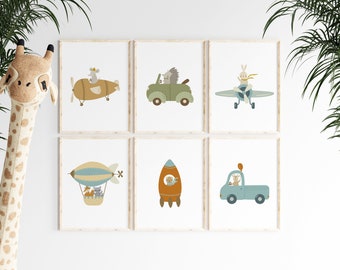 Whimsy Animals & Vehicles Nursery Prints, Wall Art Set di 6 stampe, Boy Girl Room Print, Cute Print, Nursery Decor, Kids Room Decor, Neutral