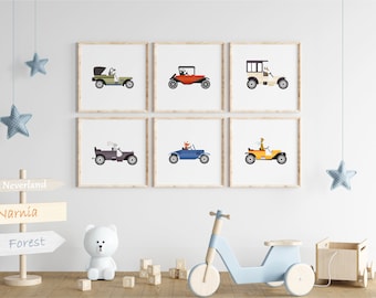 Vintage Vehicles & Animals Nursery Prints, Wall Art Set di 6 stampe, Boy Room Print, Cute Print, Nursery decor, Kids Room Decor, Neutral