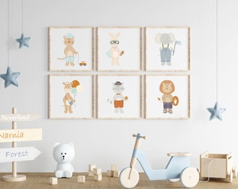 Simpatici costumi Animali Stampe Nursery, Set di 6 stampe di arte murale, Camera dei ragazzi, Arredamento dell'asilo nido, Arredamento della camera dei bambini, DOWNLOAD DIGITALE
