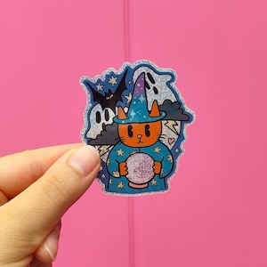 Wizard Cat Summoning Ghosts - glitter Halloween-sticker