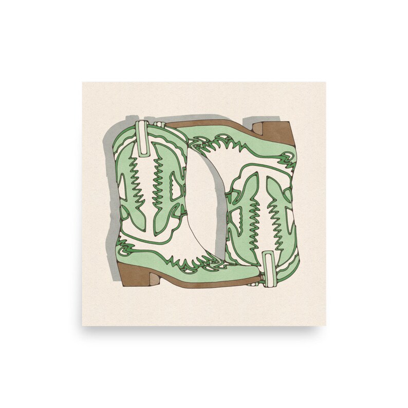 Bota de vaquero cartel impresión arte zapatos verdes vaquera costera minimalista acuarela terrosa ilustración pintura de Portland imagen 1