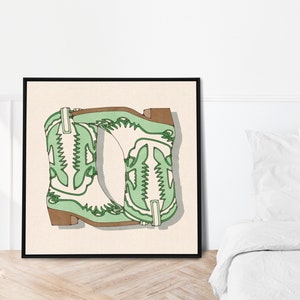 Bota de vaquero cartel impresión arte zapatos verdes vaquera costera minimalista acuarela terrosa ilustración pintura de Portland imagen 4