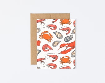 Textured Matte Premium Greeting Card Illustration Seafood Crab Lobster Fish Shrimp Oyster Pattern Red Orange Blue Cute Funny Beach