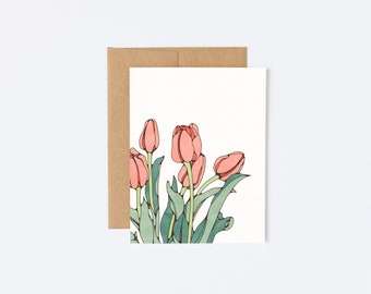 Textured Matte Premium Greeting Card Tulips Flowers Floral Pink Botanical Watercolor Painting Illustration Green