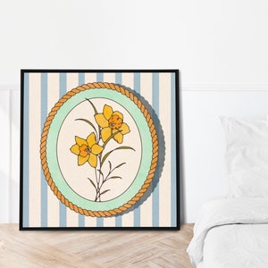 Daffodil Print Bathroom Vintage Blue Minimalist Flowers Line Plant Watercolor Bouquet Wall Drawing Frame Florist Mint Quaint image 5