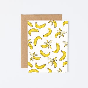Tarjeta de felicitación premium mate texturizada, pintura de acuarela, ilustración, fruta de plátano, patrón divertido hecho a mano