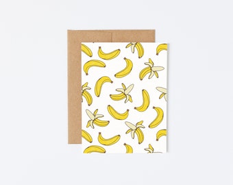 Tarjeta de felicitación premium mate texturizada, pintura de acuarela, ilustración, fruta de plátano, patrón divertido hecho a mano