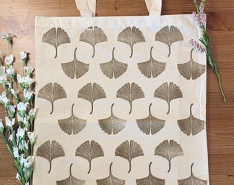 Cotton Tote Gingko Leaf Pattern | Handmade and Handprinted Gold Patterned Cotton shopping handbag Tote