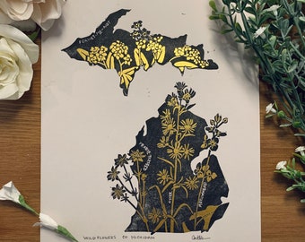 Wildflowers of Michigan | Michigan Wildflowers | Hand-made Relief Print w/Gold metallic Watercolor Detailing | 8x10”