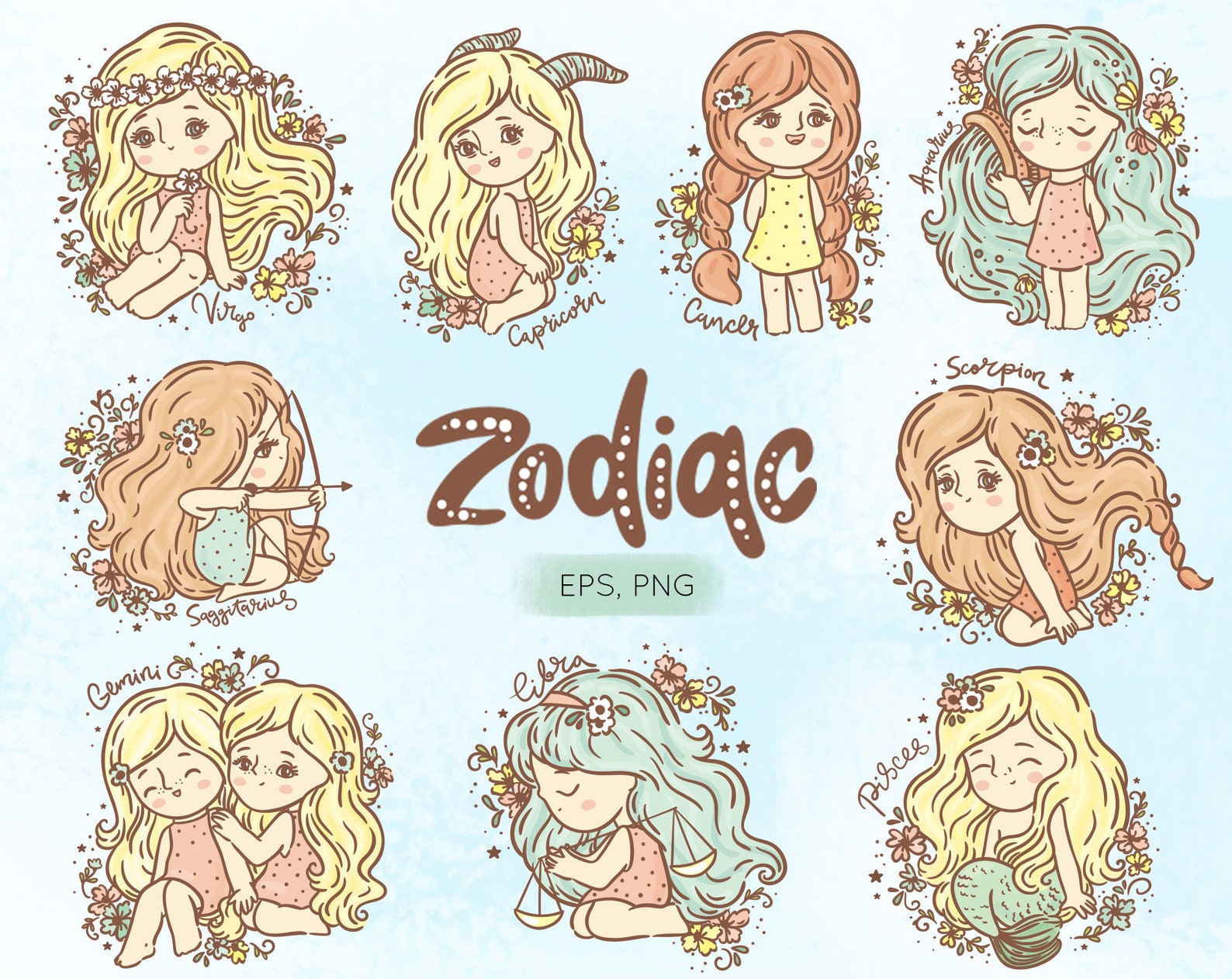 Kids zodiac clip art zodiac illustration baby horoscope Etsy