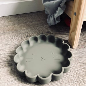 May include: A grey silicone plate with a scalloped edge and a cartoon face design. The plate has two eyes, a nose, and a mouth.