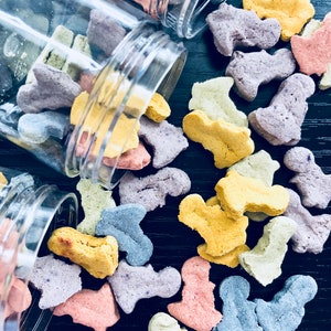 Puede incluir: Un tarro de pl&aacute;stico transparente con tapa est&aacute; derramando golosinas para perros de colores con forma de hueso. Las golosinas son de color morado, amarillo, rosa y verde.