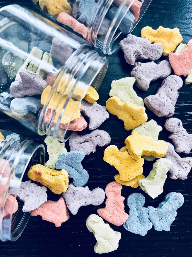 Puede incluir: Un tarro de pl&aacute;stico transparente con tapa est&aacute; derramando golosinas para perros de colores con forma de hueso. Las golosinas son de color morado, amarillo, rosa y verde.
