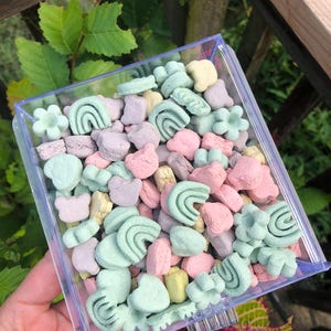 Könnte beinhalten: Ein durchsichtiger Plastikbehälter gefüllt mit bunten, kleinen, essbaren Leckereien in Form von Herzen, Blumen, Regenbögen und Pfotenabdrücken.