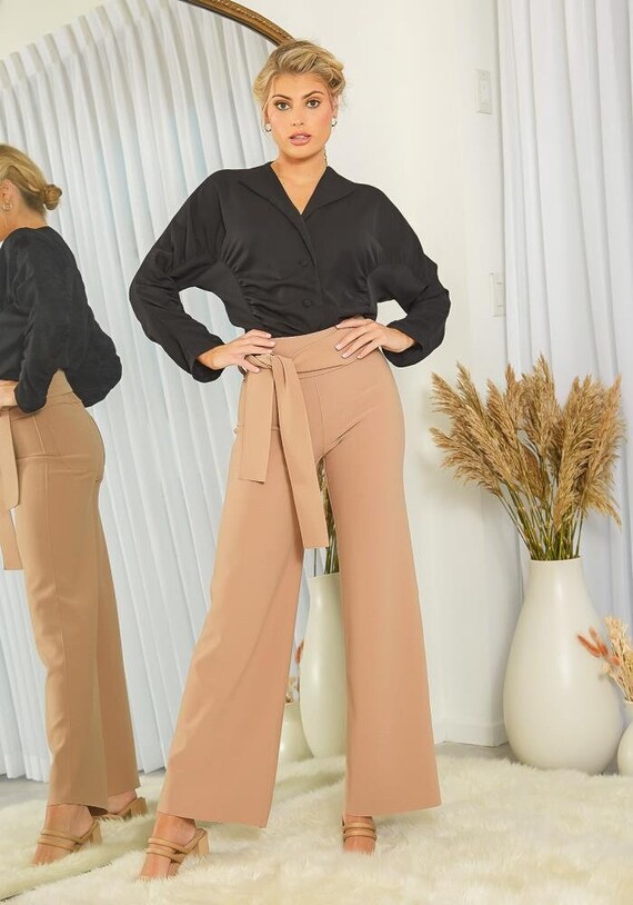 Ribbon Wide Leg Trouser Pants for Women 