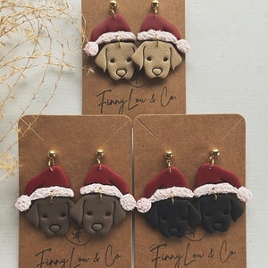 Polymer Clay Earrings| Christmas| Santa Hat| Labrador Retriever| Yellow Lab| Black Lab| Chocolate Lab| Minimal| Festive| Holiday| Gold|