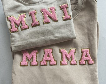 Mama + Mini & Wifey Letter Patch Oversized Crewneck Sweatshirt| Hand Stitched| Pink| White| Mom life|