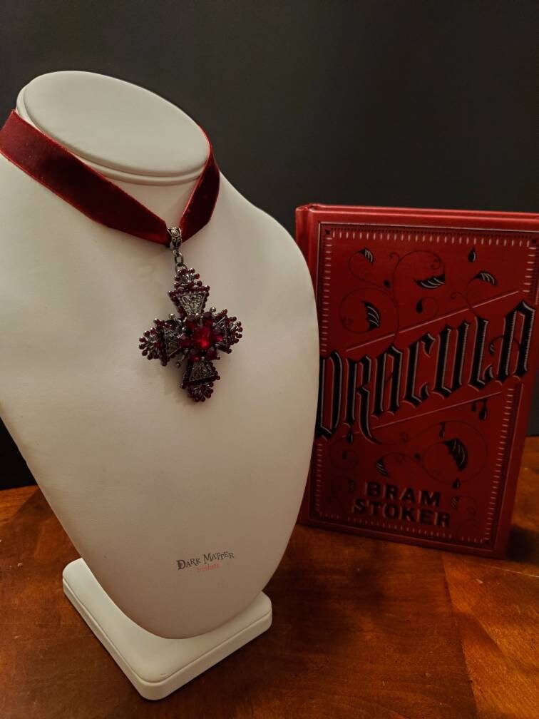 Gothic Vampire Choker, Victorian Cross, Red Velvet.