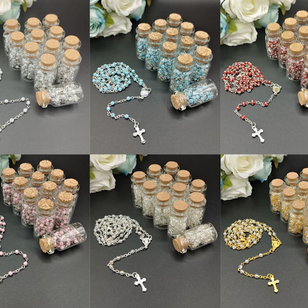 12pcs Rosary in Glass Bottle Beaded Necklace with Crucifix Cross Charm w/ Organza Bag Baptism/Christiening Party Favors Recuerdos de Bautizo