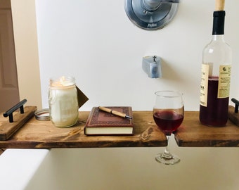 Farmhouse Reclaimed Pine Bathtub Caddy With Wine Glass Holder