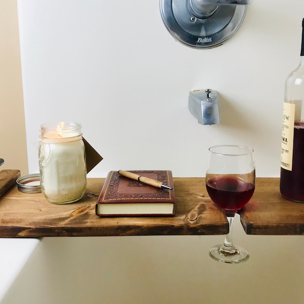 Farmhouse Reclaimed Pine Bathtub Caddy With Wine Glass Holder