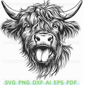 May include: Black and white line art illustration of a Highland cow with its tongue sticking out. The cow is looking directly at the viewer.