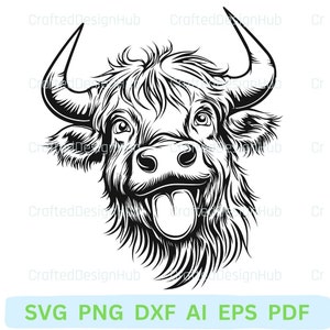 May include: Black and white line art illustration of a bull's head with a large tongue sticking out. The bull is looking to the right and has a friendly expression.