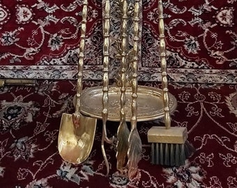 Handcrafted Brass Fireplace Tool Set, Shovel, Tongs, Broom, Vintage Style