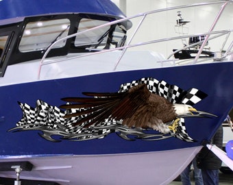 Adler Amerikanische Flagge Boot Aufkleber - Karierte Grafik Vinyl Wrap