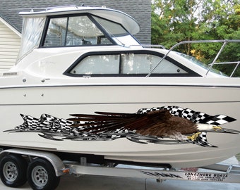 Gráficos de barco con bandera a cuadros de American Eagle, calcomanía de vinilo impermeable