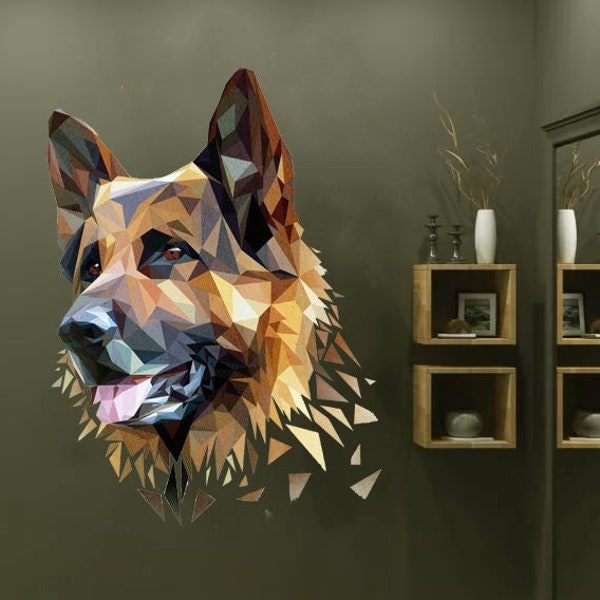 German Shepherd Dog Wall Decal Polygonal Art Deco Vinyl Sticker Smiling Dog Lover 3d Effect Room Decor Abstract Art Wall Mural Home Decor