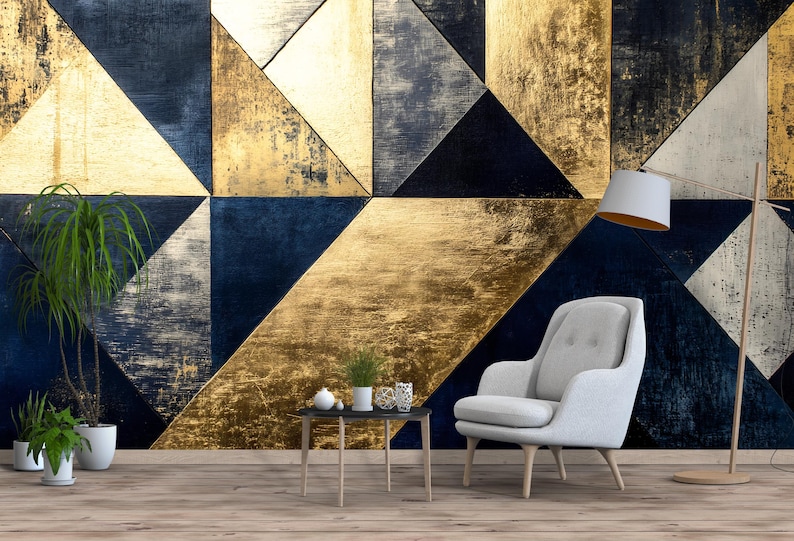 Navy Blue and Gold Geometric Wallpaper, Modern Art Deco Wall Mural ...