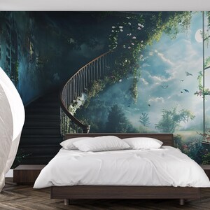 Fantasy Garden Wallpaper, Enchanted Staircase Wall Mural, Magical Forest Wallpaper, Dark Botanical Bedroom Decor, Nature Accent Wall, vn475