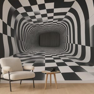 May include: A wall mural featuring a black and white checkered pattern that creates a three-dimensional tunnel effect. The design uses distorted squares and gradients to simulate depth, appearing as a curved corridor leading into a dark center.