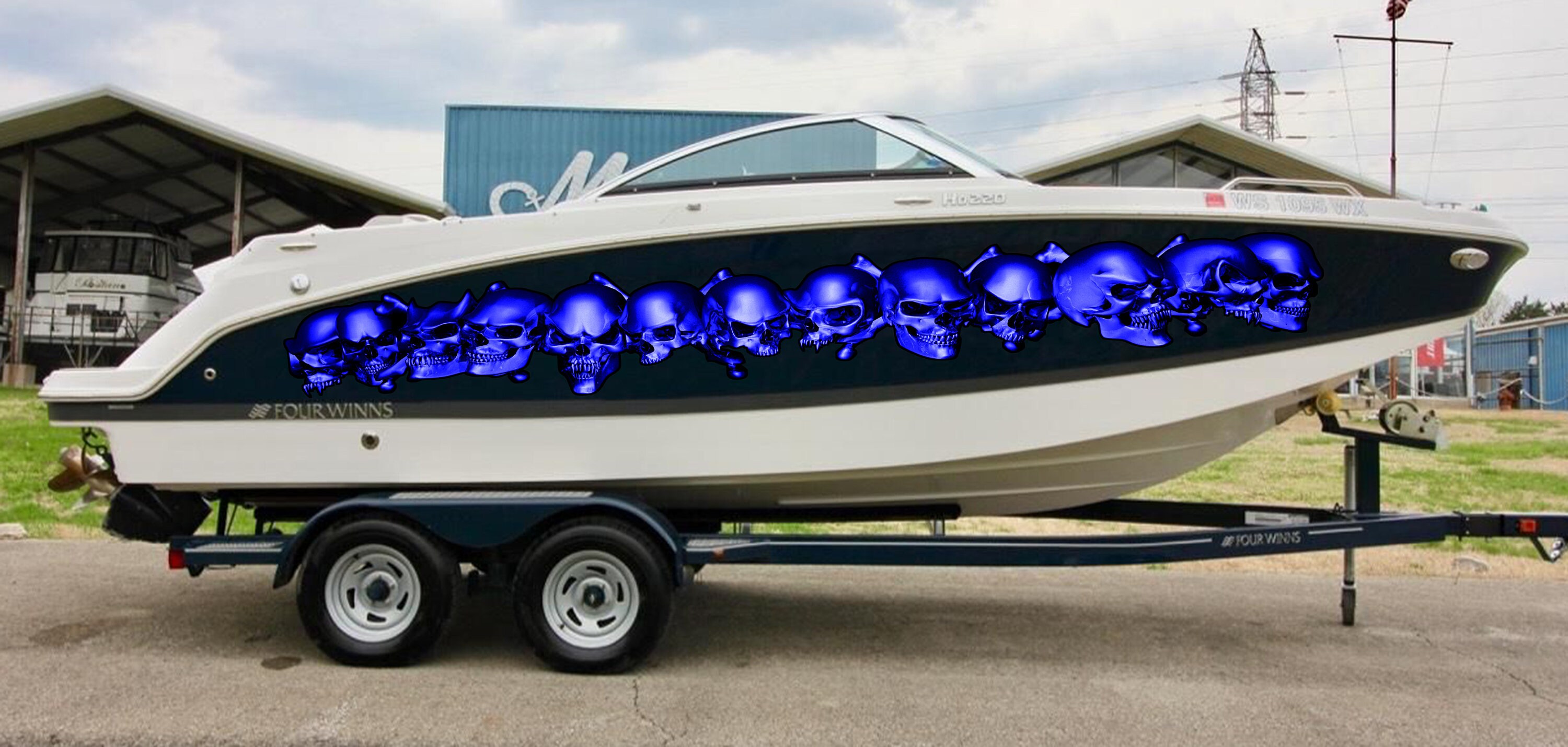 Full Color Speed Boat Skulls Automotive Vinyl Wraps, Pirate Skull