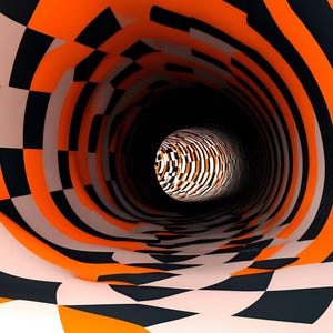May include: A cylindrical tunnel structure featuring a repeating pattern of black and bright orange checkered squares. The interior walls curve inward toward a central vanishing point, creating a deep, immersive perspective of geometric shapes.
