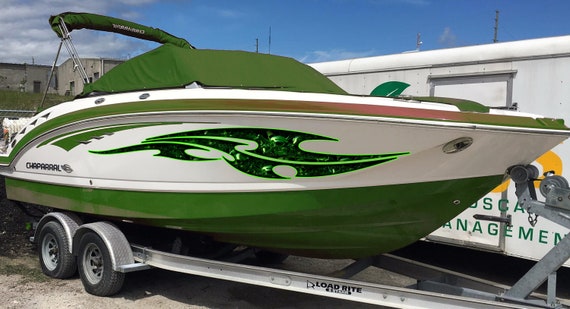 Skull Boat Stickers, 3D Sword Ripped Metal, Green Wrap Boat