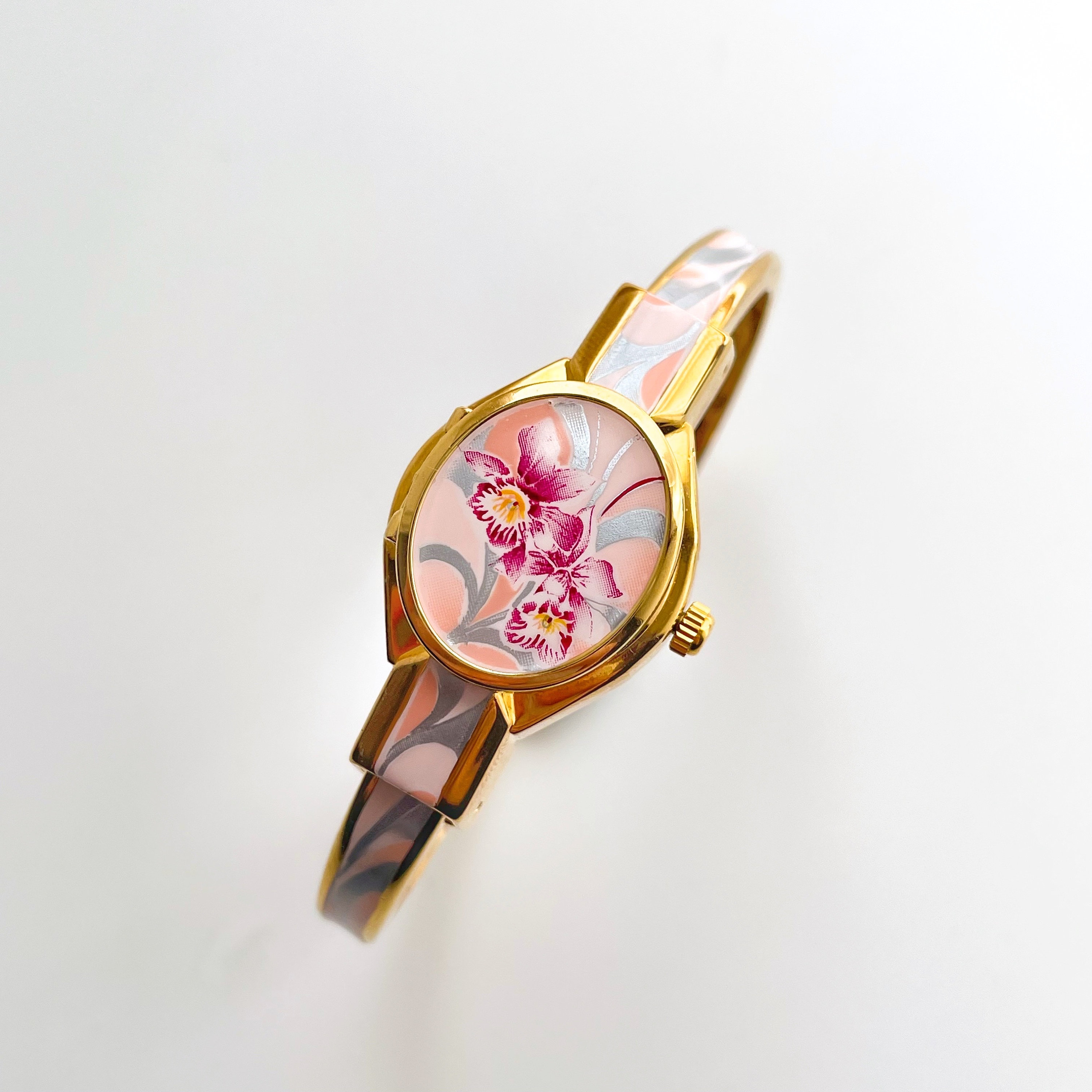 Vintage André Mouche Quartz Watch With White & Pink Enamel Vintage André Mouche Quartz Watch With White & Pink Enamel