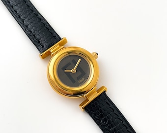 Ladies' Vintage 90s Gold-Plated Fendi Quartz Watch with Black Dial