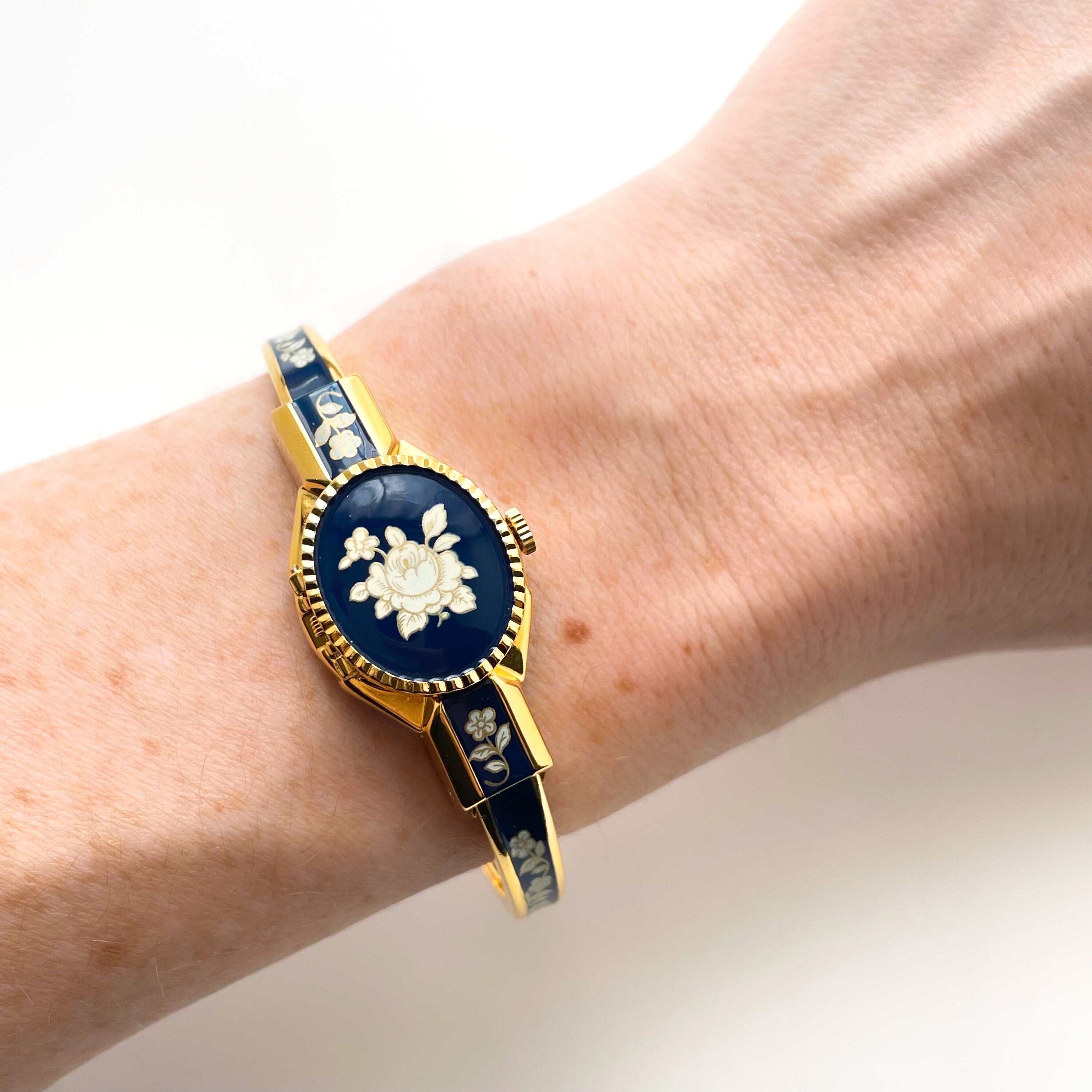 Vintage André Mouche Quartz Watch With Navy Enamel Floral