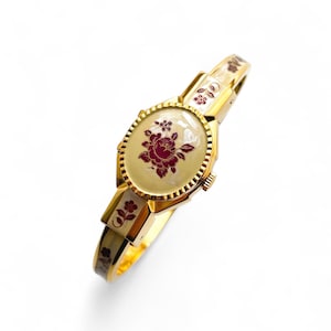 Vintage André Mouche Quartz Watch with Pearl and Burgundy Enamel Floral Design, Concealed Dial and Gold-Plated Bangle Bracelet