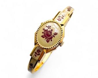 André Mouche ネイビー 花柄 時計 Vintage André Mouche Quartz Watch With Navy Enamel Floral