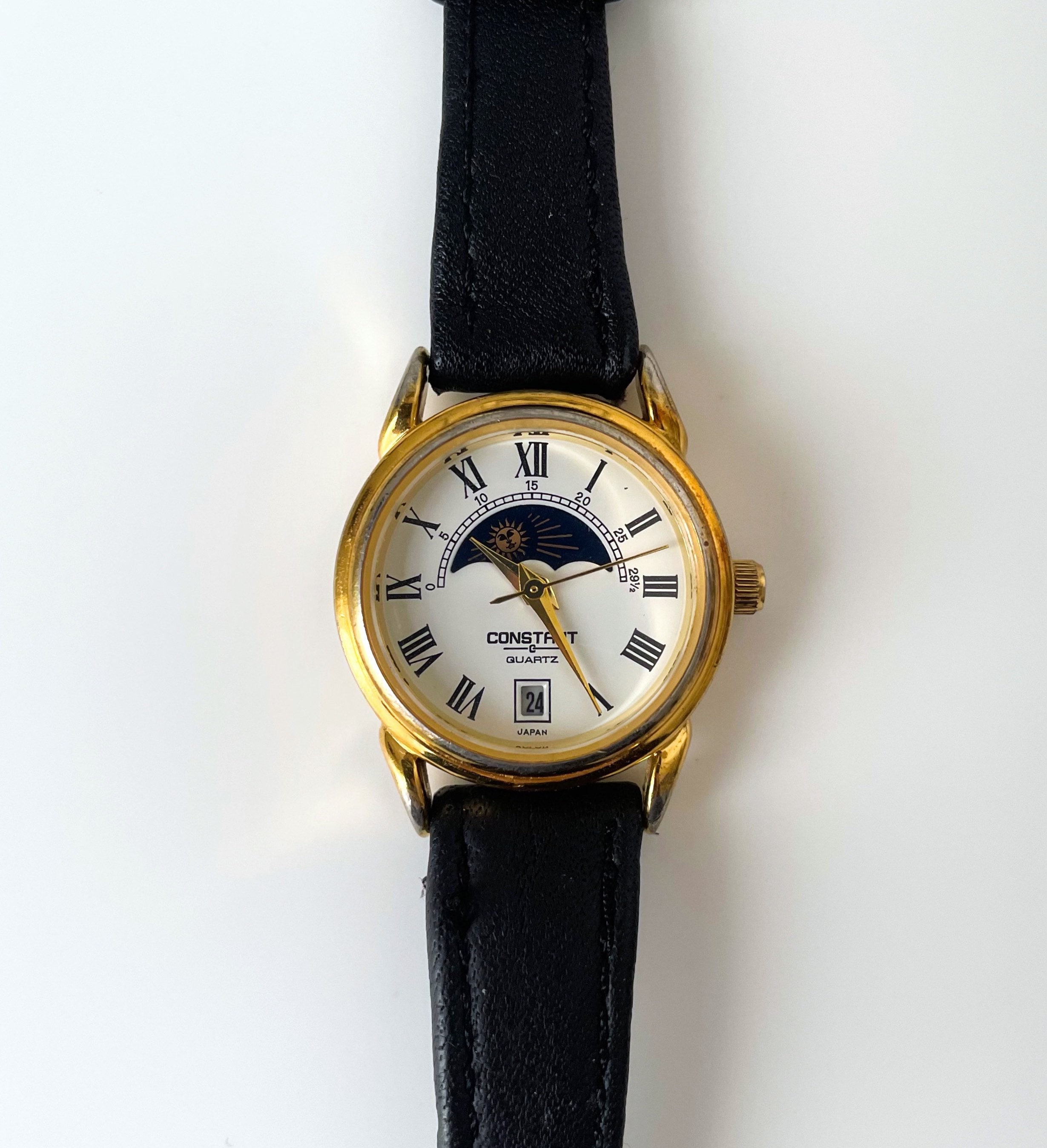 Vintage Constant Sun Moon Phase Watch With Black Leather Strap Etsy